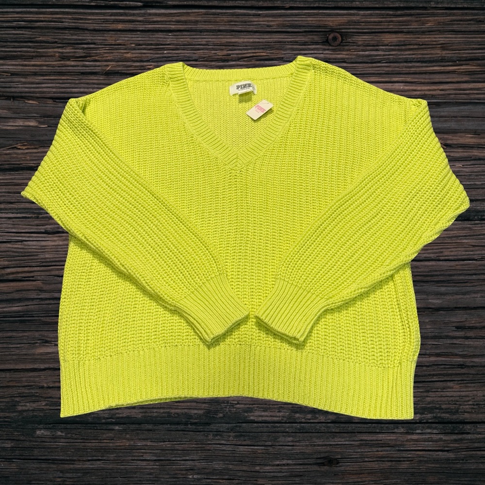 Victoria’s Secret PINK‎ Neon Yellow Knit V-Neck Sweater Size L